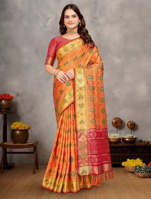 Musturd color jacquard weaving silk blend  couple combo men's kurta & pajama koti & women saree set 3