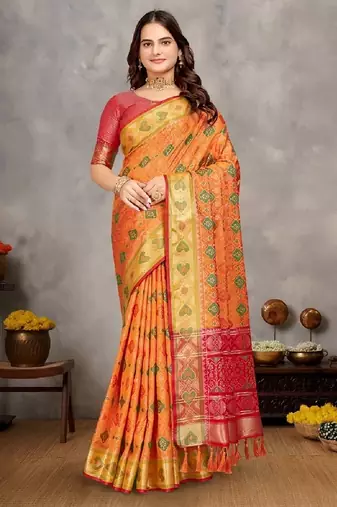 Musturd color jacquard weaving silk blend  couple combo men's kurta & pajama koti & women saree set