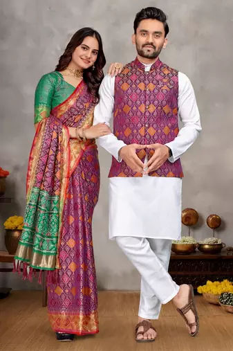 Purple color jacquard weaving silk  couple combo men's kurta & pajama koti & women saree set
