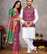 Purple color jacquard weaving silk  couple combo men's kurta & pajama koti & women saree set