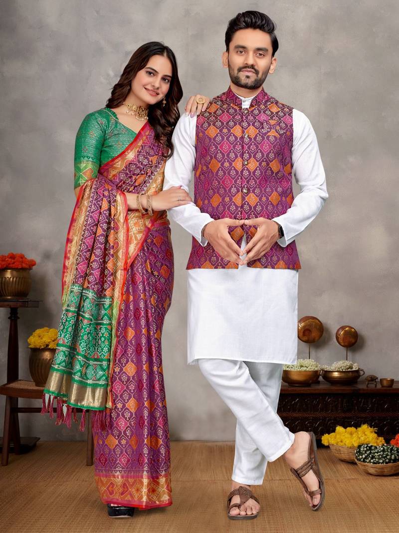 Purple color jacquard weaving silk  couple combo men's kurta & pajama koti & women saree set