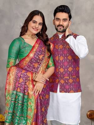 Purple color jacquard weaving silk blend  couple combo men's kurta & pajama koti & women saree set 2