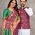 Purple color jacquard weaving silk  couple combo men's kurta & pajama koti & women saree set