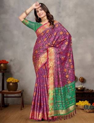 Purple color jacquard weaving silk blend  couple combo men's kurta & pajama koti & women saree set 3