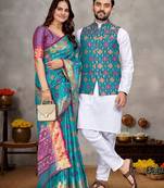 Sky blue color jacquard weaving silk  couple combo men's kurta & pajama koti & women saree set