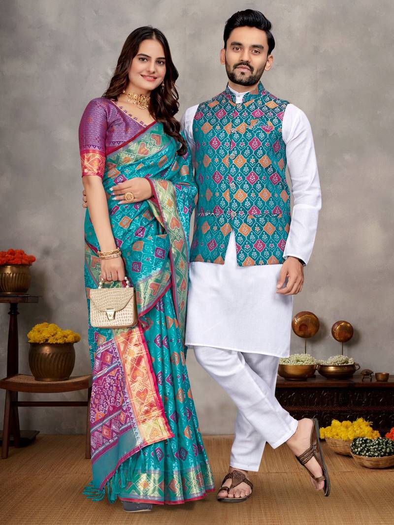 Sky blue color jacquard weaving silk  couple combo men's kurta & pajama koti & women saree set