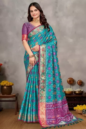 Sky blue color jacquard weaving silk blend  couple combo men's kurta & pajama koti & women saree set