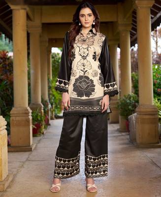 black and beige floral printed co-ord set 1