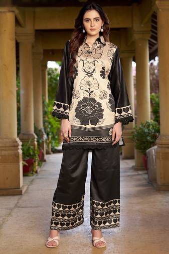 Black and Beige Floral Printed Co-ord Set