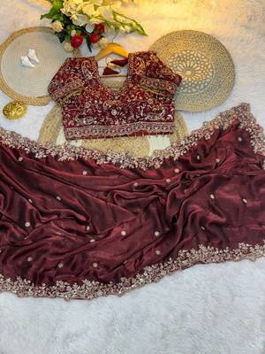 maroon hand embroidered designer saree with blouse 1