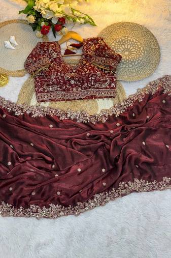 Very Soft Rich Look Fendy Sartin Fabric Embroidered Saree With Blouse Set