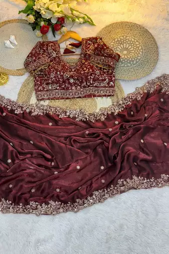 Very Soft Rich Look Fendy Sartin Fabric Embroidered Saree With Blouse Set