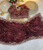 Very Soft Rich Look Fendy Sartin Fabric Embroidered Saree With Blouse Set