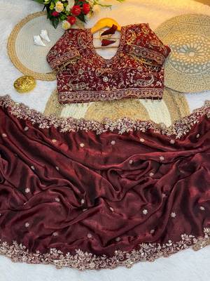 maroon hand embroidered designer saree with blouse 2