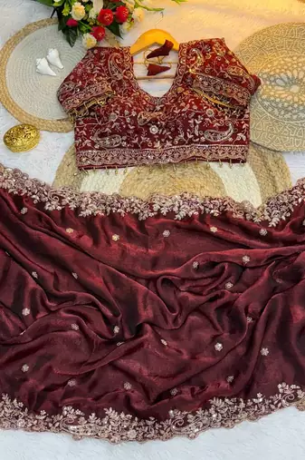 maroon hand embroidered designer saree with blouse