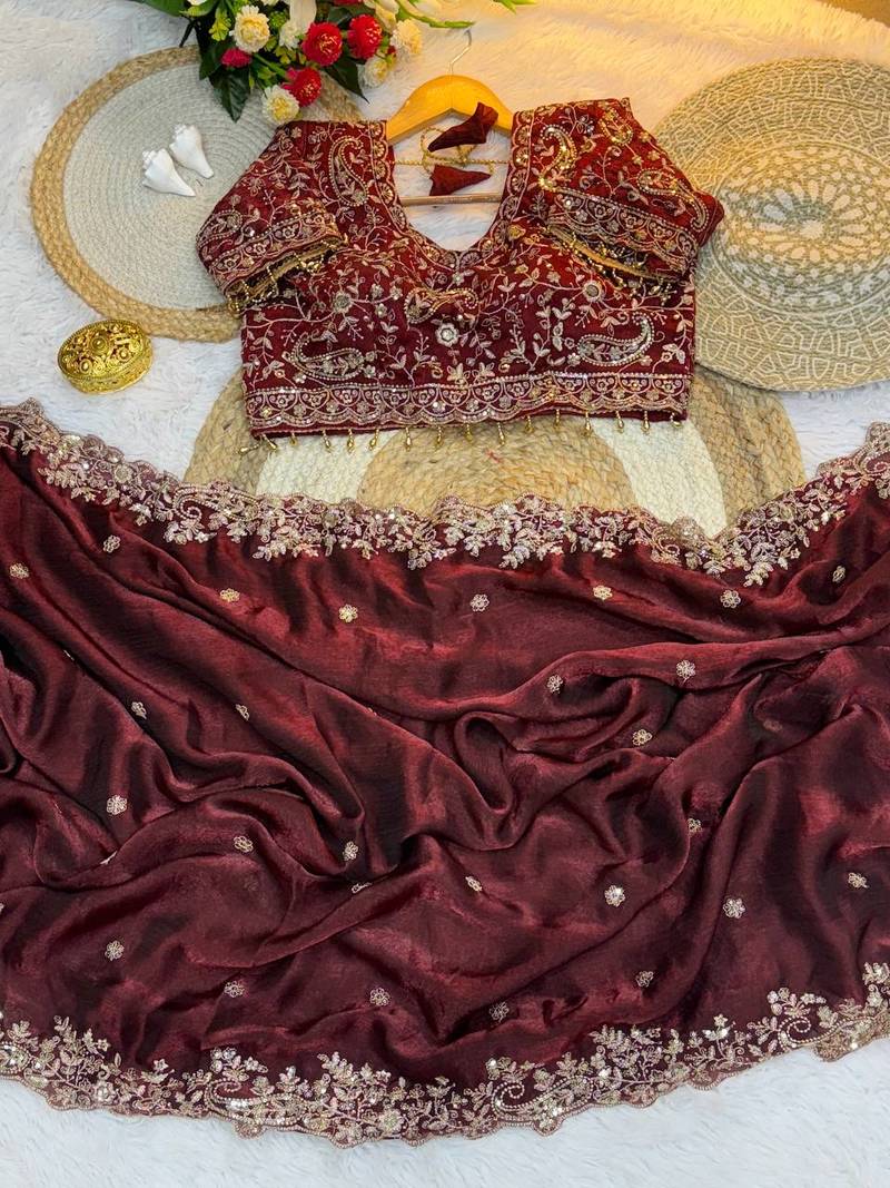 Very Soft Rich Look Fendy Sartin Fabric Embroidered Saree With Blouse Set