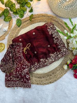maroon hand embroidered designer saree with blouse 3