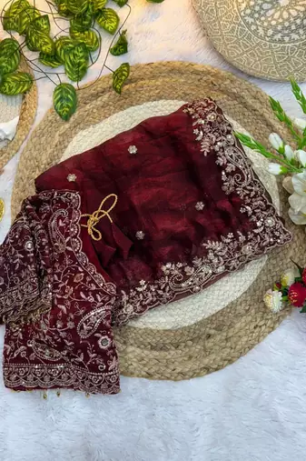 maroon hand embroidered designer saree with blouse