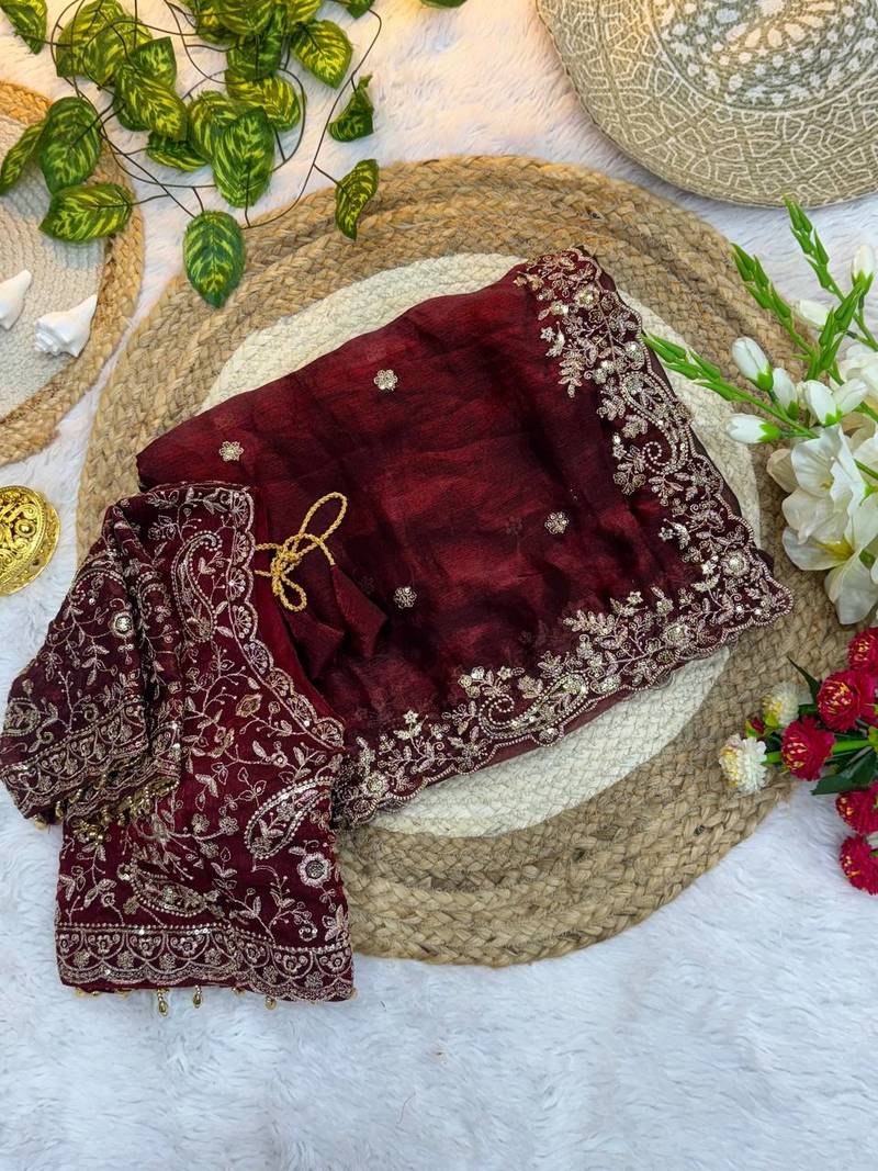 Very Soft Rich Look Fendy Sartin Fabric Embroidered Saree With Blouse Set