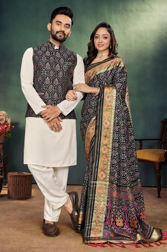Couple combo men's kurta & pajama koti & women saree set