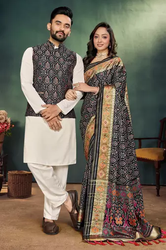 Couple combo men's kurta & pajama koti & women saree set