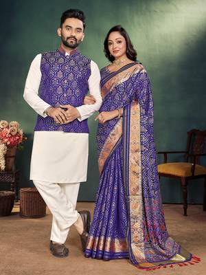Voilet color jacquard weaving silk blend  couple combo men's kurta & pajama koti & women saree set 1