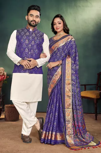 Voilet color jacquard weaving silk  couple combo men's kurta & pajama koti & women saree set