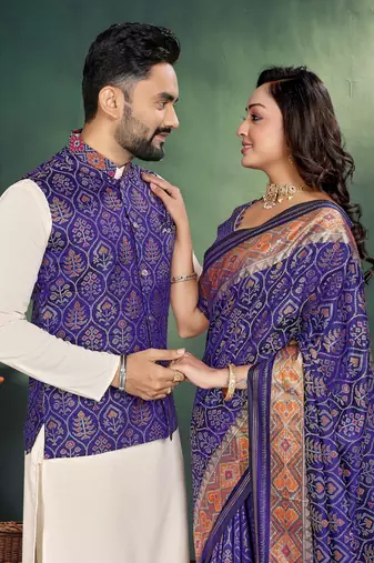 Voilet color jacquard weaving silk blend  couple combo men's kurta & pajama koti & women saree set