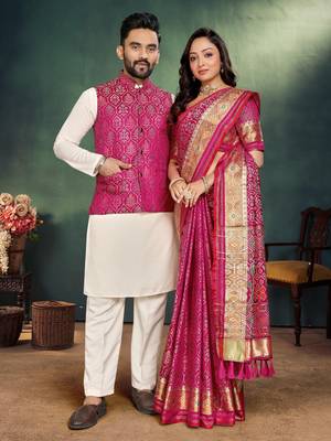 Pink color jacquard weaving silk blend  couple combo men's kurta & pajama koti & women saree set 1
