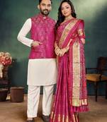 Pink color jacquard weaving silk  couple combo men's kurta & pajama koti & women saree set