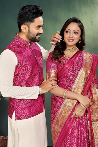 Pink color jacquard weaving silk blend  couple combo men's kurta & pajama koti & women saree set