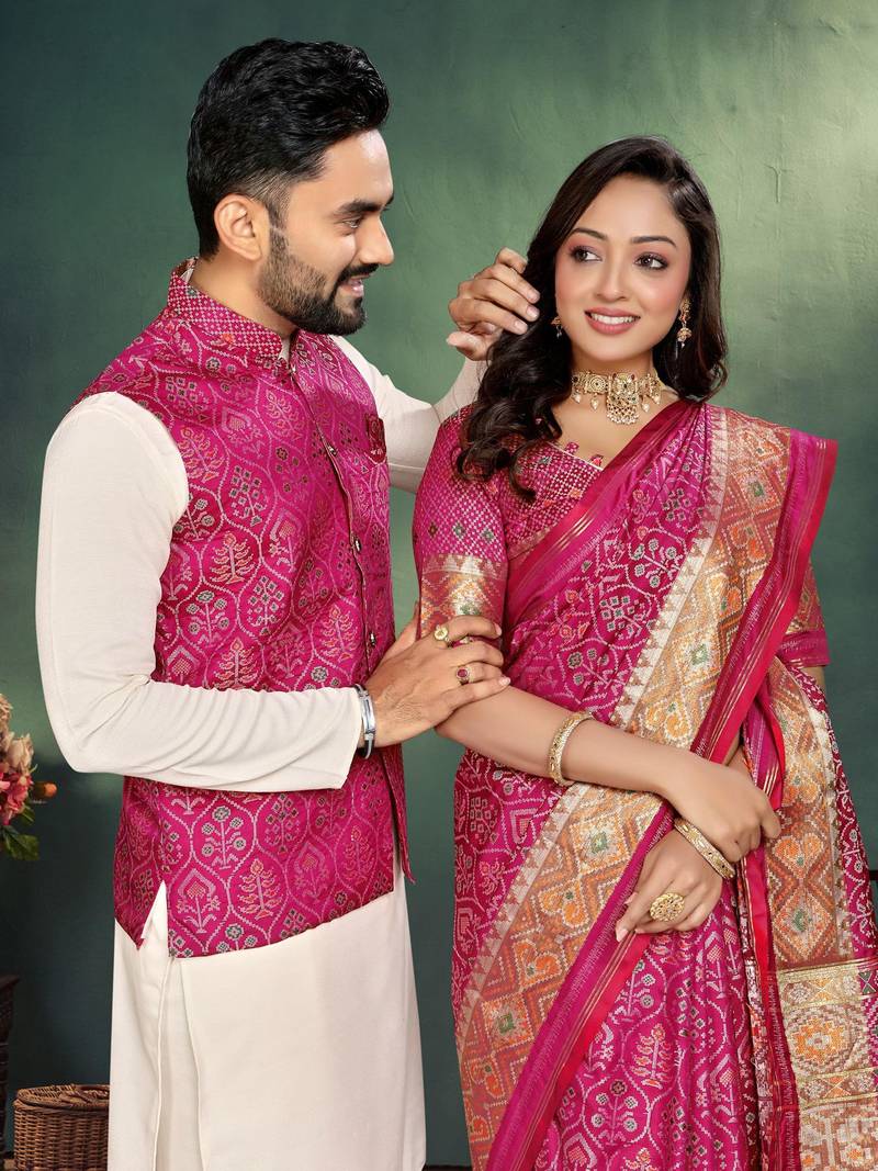 Pink color jacquard weaving silk  couple combo men's kurta & pajama koti & women saree set