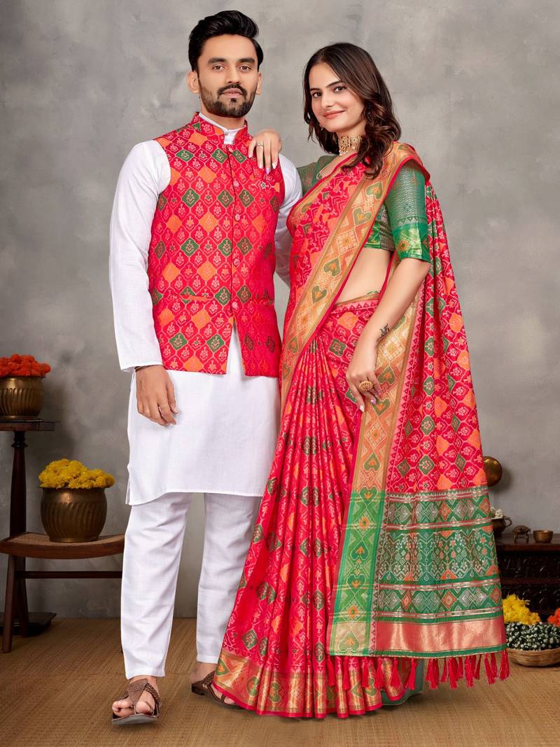 Rani pink color jacquard weaving silk  couple combo men's kurta & pajama koti & women saree set
