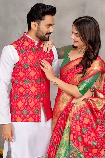 Rani pink color jacquard weaving silk blend  couple combo men's kurta & pajama koti & women saree set