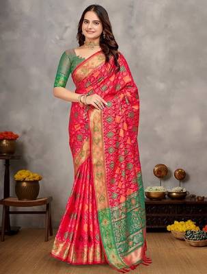 Rani pink color jacquard weaving silk blend  couple combo men's kurta & pajama koti & women saree set 3