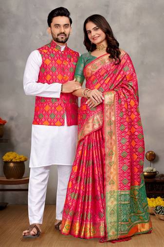 Rani color jacquard weaving silk  couple combo men's kurta & pajama koti & women saree set