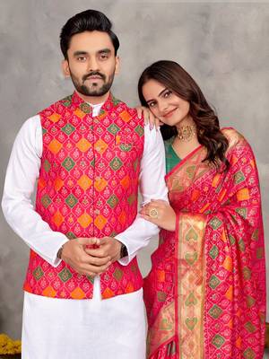 Rani color jacquard weaving silk blend  couple combo men's kurta & pajama koti & women saree set 2