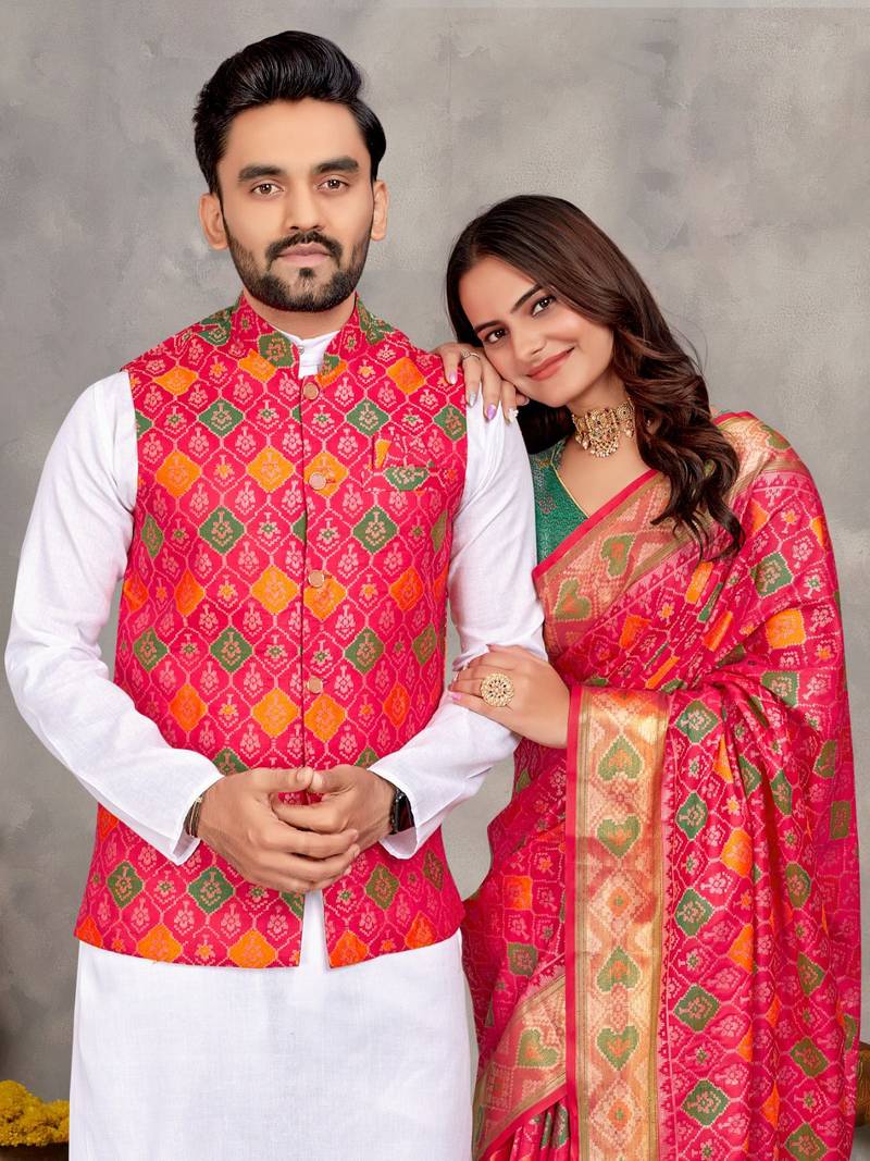 Rani color jacquard weaving silk  couple combo men's kurta & pajama koti & women saree set