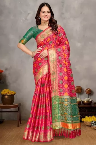 Rani color jacquard weaving silk blend  couple combo men's kurta & pajama koti & women saree set