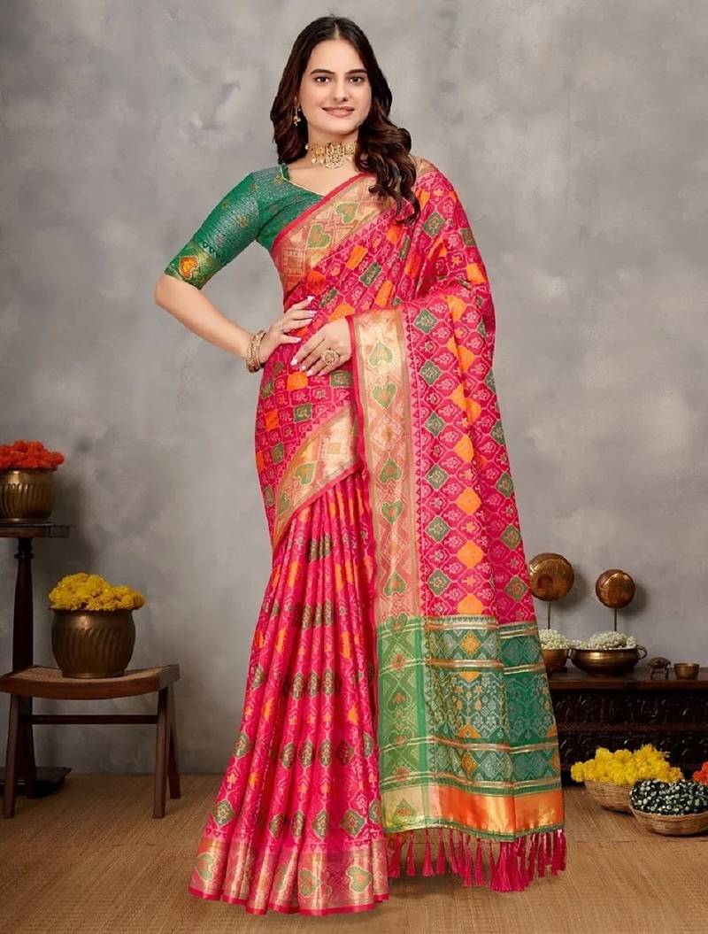 Rani color jacquard weaving silk  couple combo men's kurta & pajama koti & women saree set