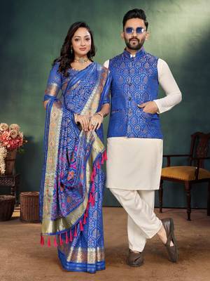 Royal blue color jacquard weaving silk blend  couple combo men's kurta & pajama koti & women saree set 1