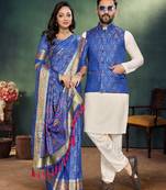 Royal blue color jacquard weaving silk  couple combo men's kurta & pajama koti & women saree set