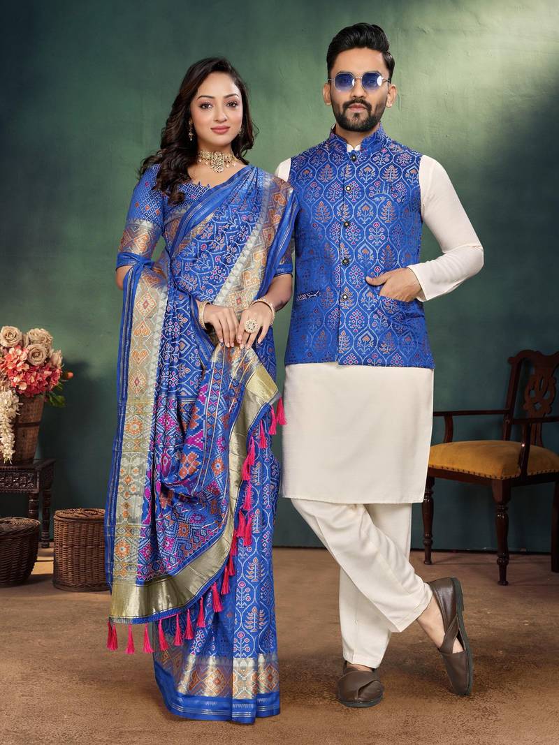 Royal blue color jacquard weaving silk  couple combo men's kurta & pajama koti & women saree set