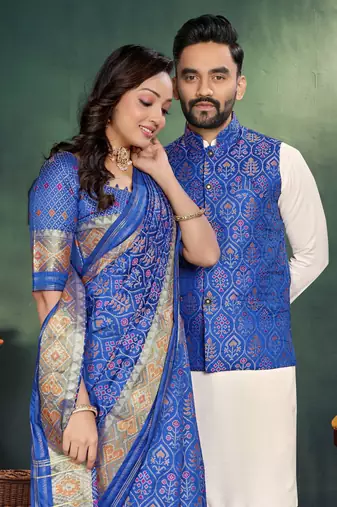 Royal blue color jacquard weaving silk blend  couple combo men's kurta & pajama koti & women saree set