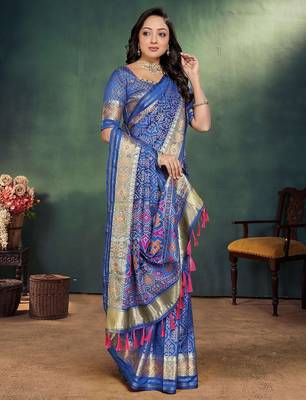 Royal blue color jacquard weaving silk blend  couple combo men's kurta & pajama koti & women saree set 3