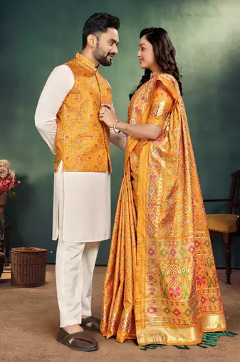 Yellow color jacquard weaving silk  couple combo men's kurta & pajama koti & women saree set