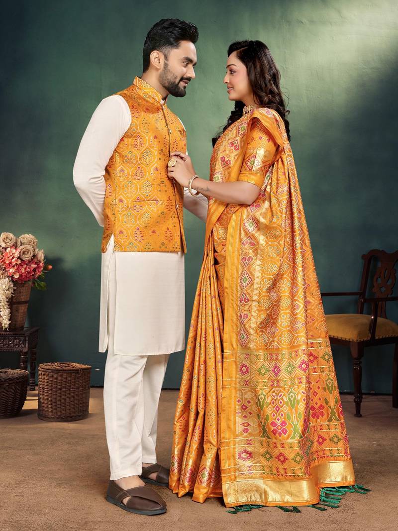 Yellow color jacquard weaving silk  couple combo men's kurta & pajama koti & women saree set