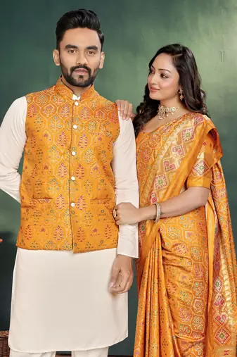 Yellow color jacquard weaving silk blend  couple combo men's kurta & pajama koti & women saree set