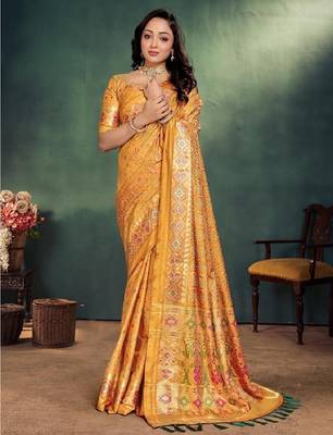 Yellow jacquard weaving silk blend couple combo men's kurta & pajama koti & women saree set 3