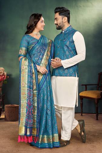 Sky blue color jacquard weaving silk  couple combo men's kurta & pajama koti & women saree set